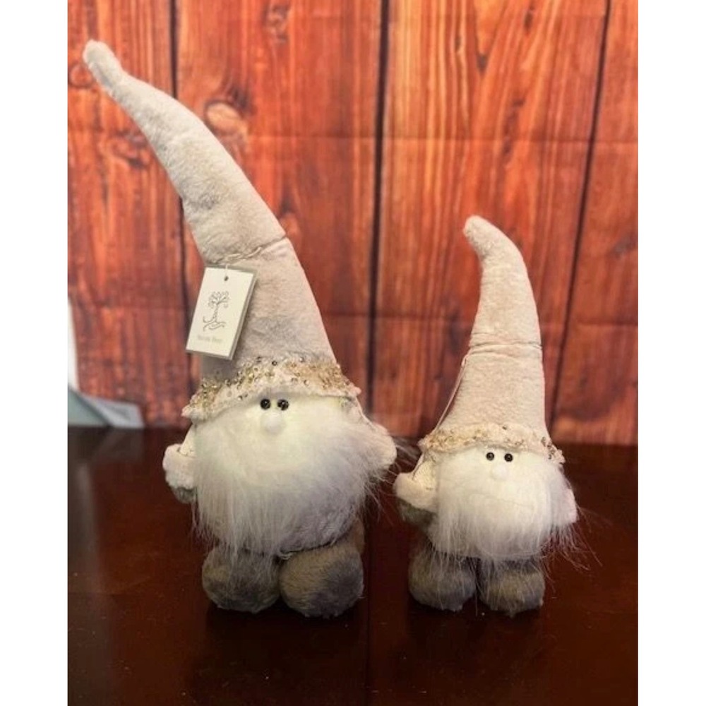 Set of 2 Beige Plush Christmas Gnomes Sequin Trim Holiday Decor
